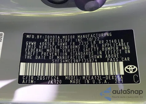 2022 Toyota Corolla Se Apex Edition z USA, uszkodzony, nr VIN 5YFS4MCE9NP135874